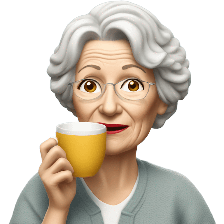 3d hyper realistic senior woman drinking a cup of tea with a biscuit  emoji