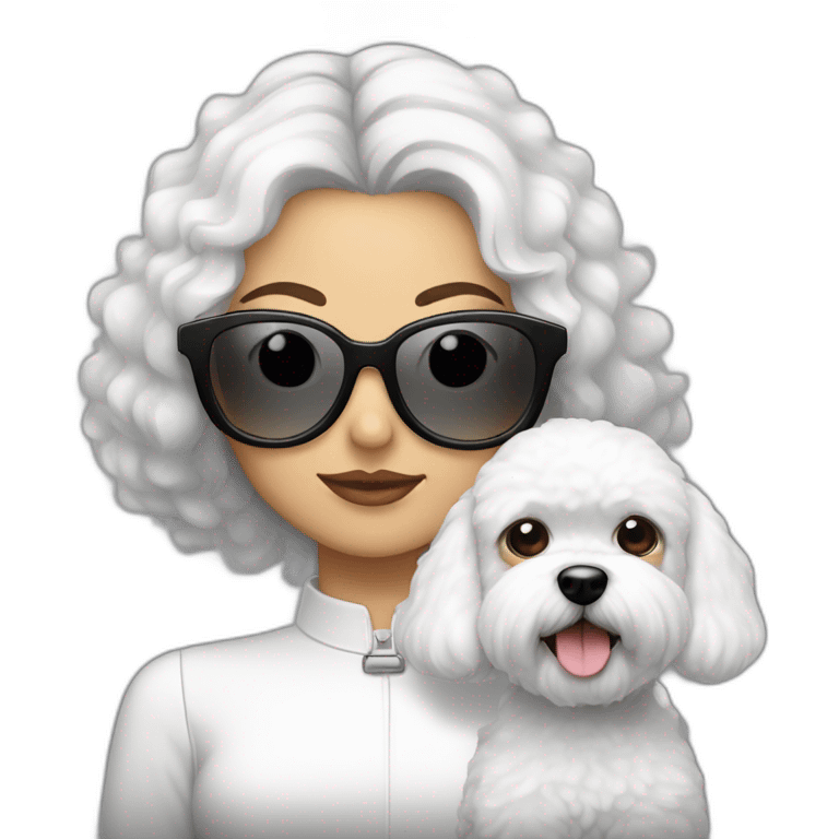 mujer pelo largo negro con gafas y perro bichon blanco emoji