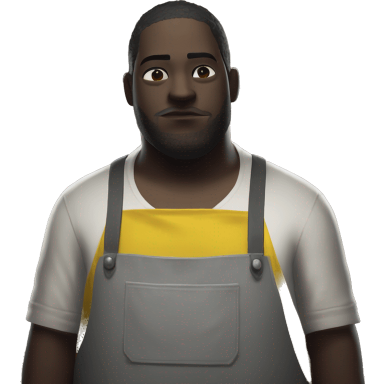 Dead by daylight cannibale beside a chest waiting with His chainsaw in His yellow Rubber apron , white skin and a Grey Shirt under the apron, without hat and He is fat emoji