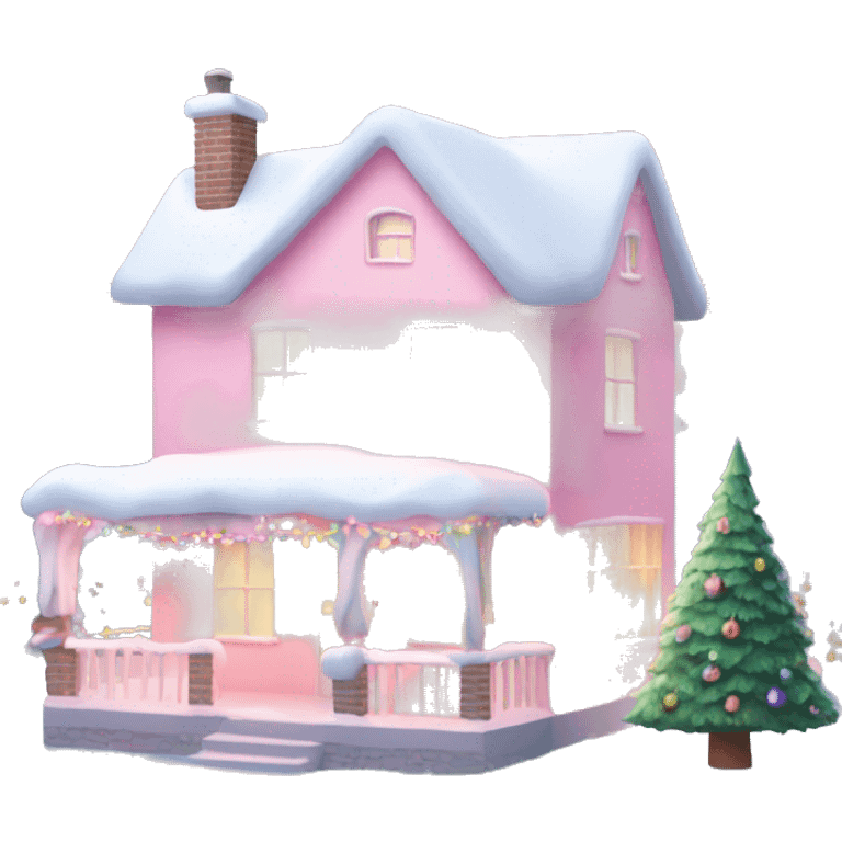 Pastel pink house with snow and Christmas lights and Christmas trees￼ emoji