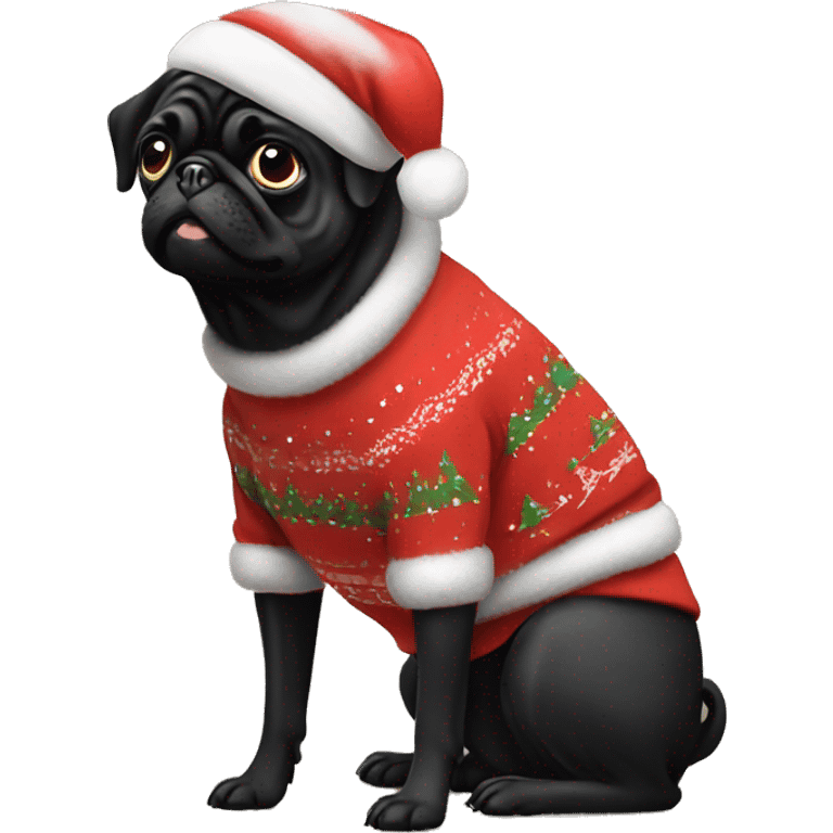 Black pug dog wearing christmas Sweatshirt  emoji