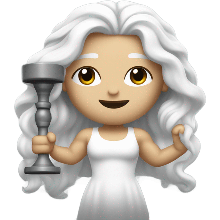 white Poseidon lift weight . long white hair white dress. emoji