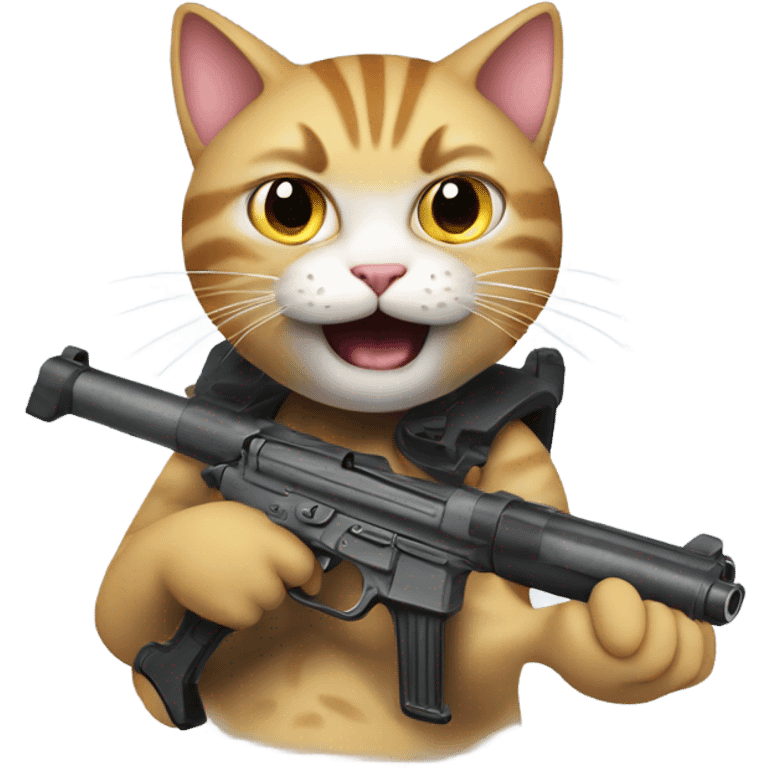 a cat holding a gun, and speak super loudly: what do you want!? emoji