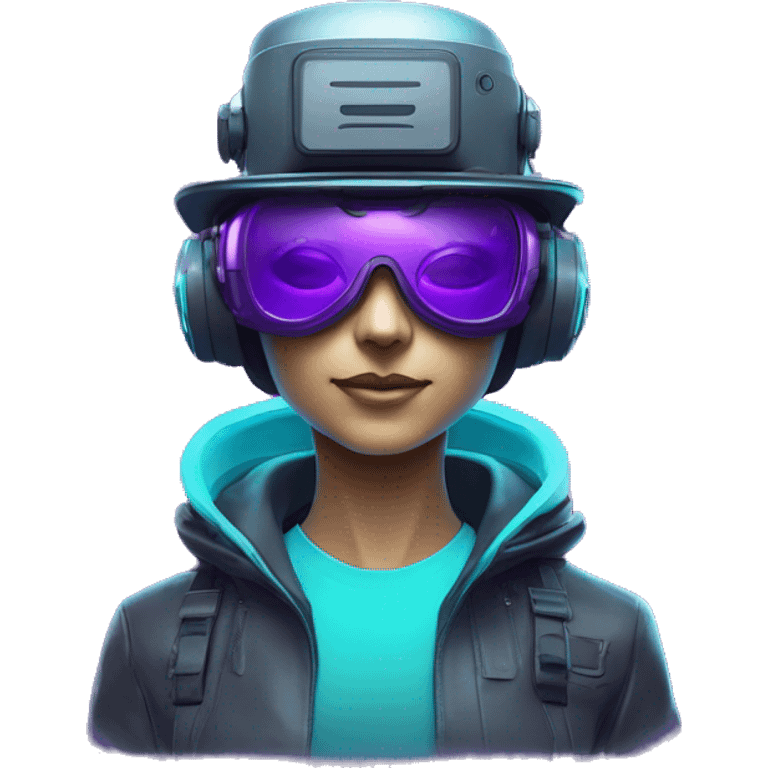 Secret humanoid agent in a futuristic hat with in Apple VR goggles headset code display on the goggles , cyberpunk, cyan and purple colors, only upper body portrait, front facing the camera  emoji