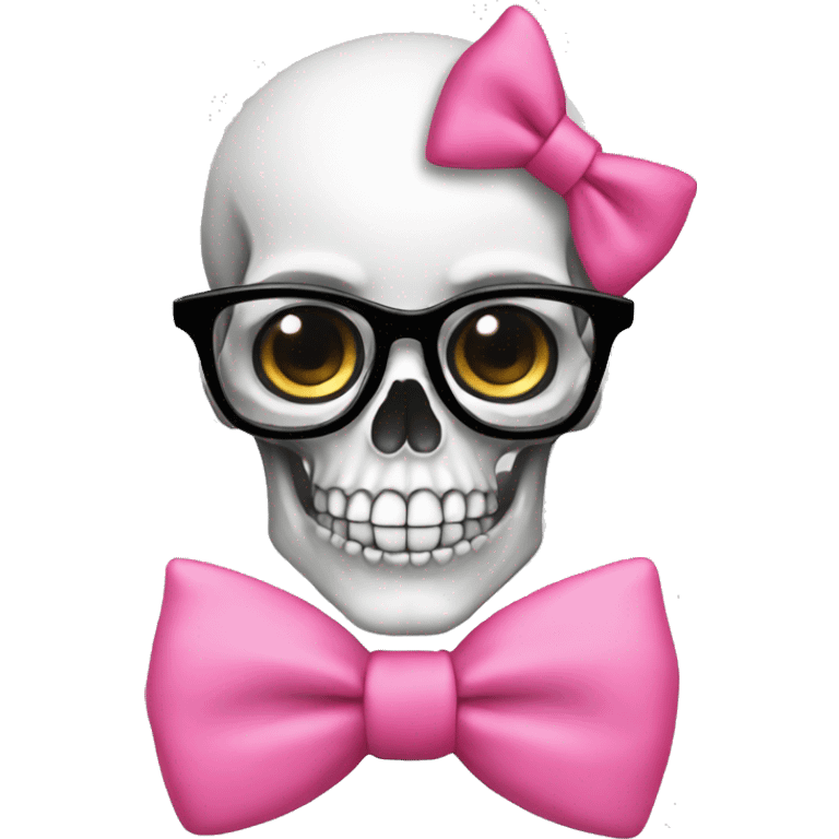 Girly Skull with black nerd glasses and pink bow on top of skull emoji