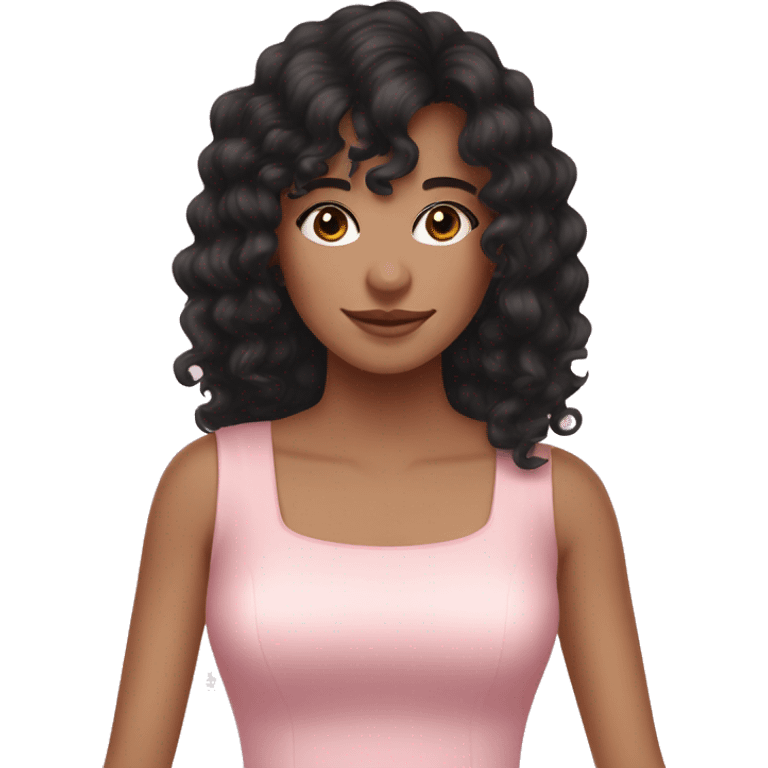 Fair skinned woman with long black curly hair and bangs and dark brown eyes, wearing a pastel pink dress emoji