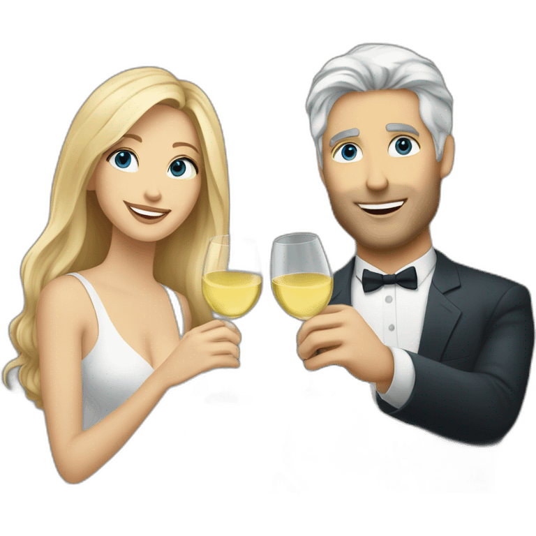 A white woman with brown eyes and blond medium long hair and a white man with blue eyes and grey hair, toasting with a glass of white wine emoji