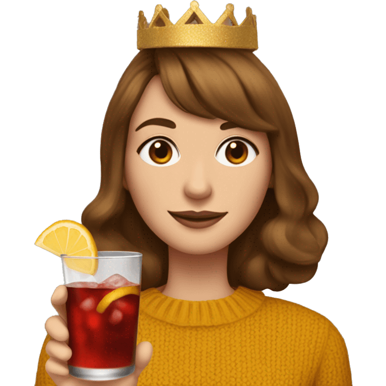 White English woman with long brown hair and face framing layered bangs dressed in a mustard yellow sweater with birthday crown and negroni in hand emoji