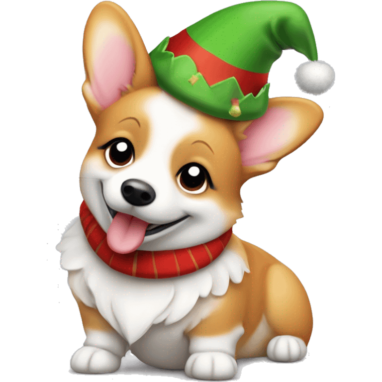 Adorable Welsh corgi dressed as a Christmas elf, holding a candy cane and winking playfully emoji