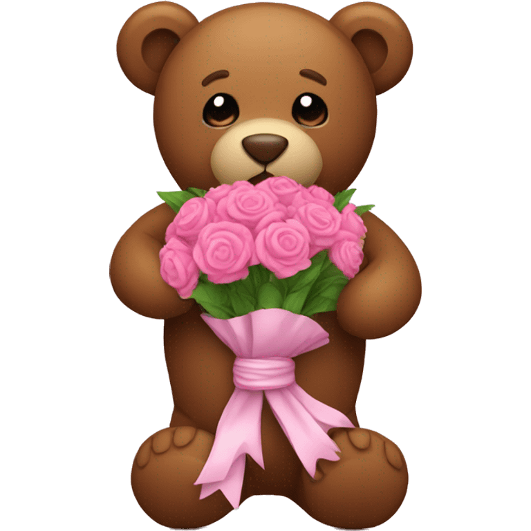 brown teddy bear with pink bouquet emoji