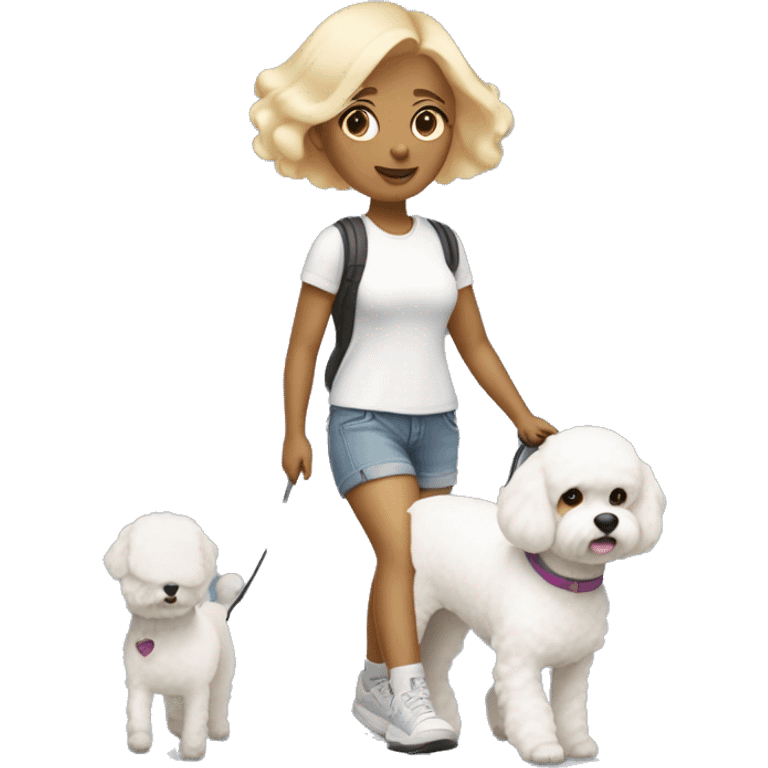 small white woman with short bobbed blonde hair wearing a nice shorts outfit walking a white bichon dog emoji