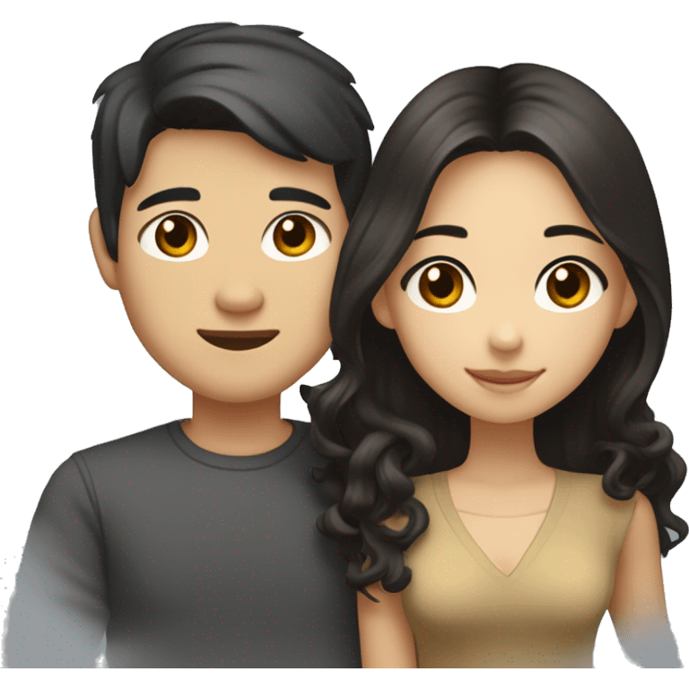 A half pale Asian man with short dark hair and amber eyes embracing and loving a half Asian woman with long wavy dark hair and dark hazel eyes. They love each other a lot And have good fashion taste. emoji