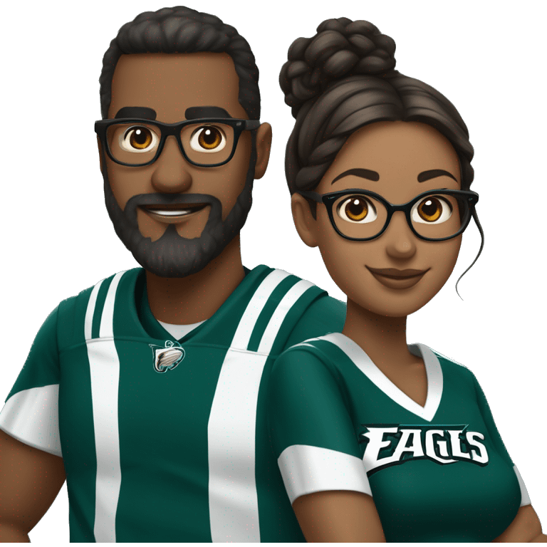 Brown skin couple in Philadelphia Eagles clothing guy has a beard and mustache girl has glasses and her hair in a bun emoji