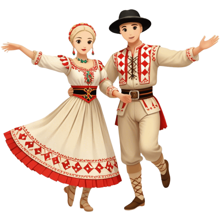 Cinematic Realistic scene of two performers engaging in the Croatian Linđo folk dance, adorned in vibrant traditional costumes with intricate patterns and accessories, captured in graceful, synchronized motion under festive natural lighting. emoji