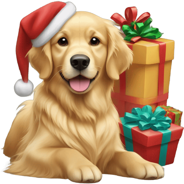 Golden retriever with Christmas presents emoji