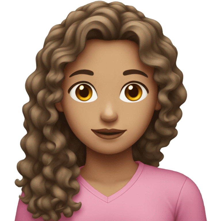 Girl with curly long brunette hair and light skin white a pink shirt  emoji