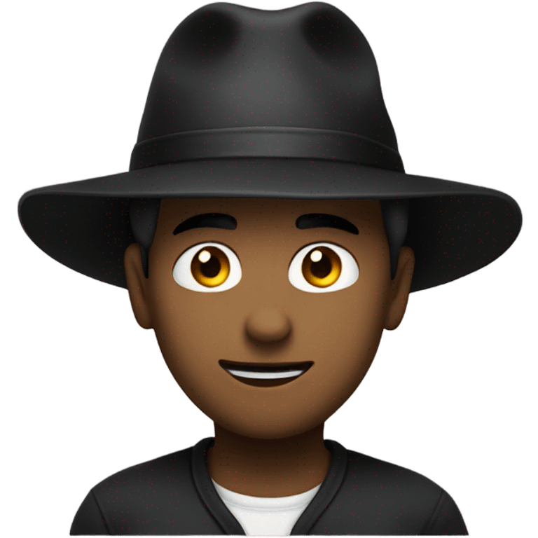 A person standing normal without any expresion and have a big black hat emoji