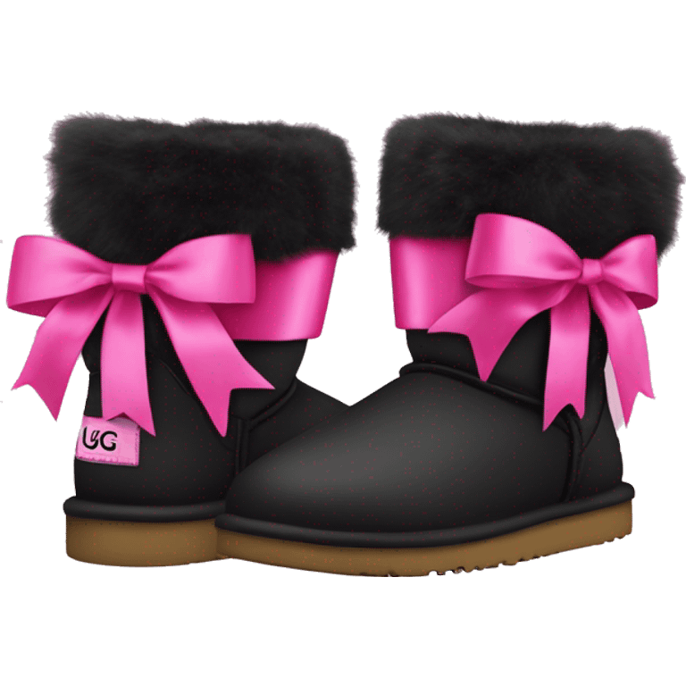 Pair of black and hot pink Ugg fur boots laced up with pink silk ribbon bows. emoji