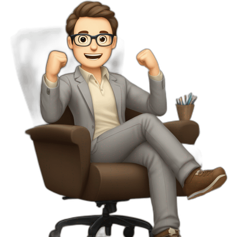 Joyful Celebrating victory Hands up Pale skinned Fit Man With dark brown hair in gray jacket, beige office shirt, Brown pants and vintage glasses sitting In a soft chair emoji