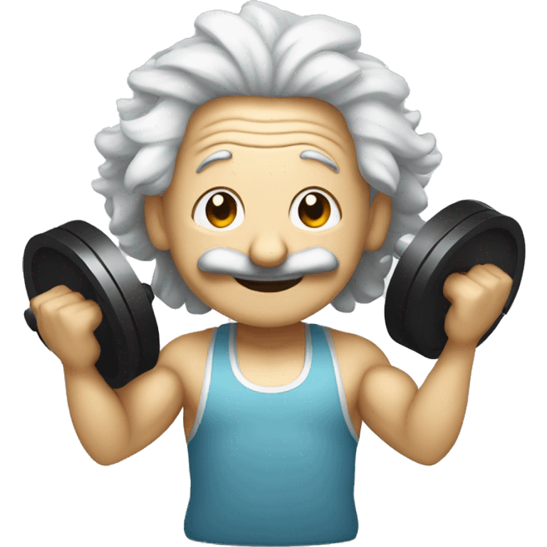 albert einstein happy in the gym with dumbells and headphones emoji