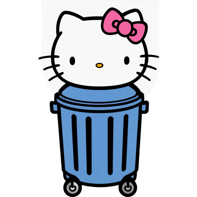 A trash bin that says on text GOODBYEEEE with hello Kitty in it emoji