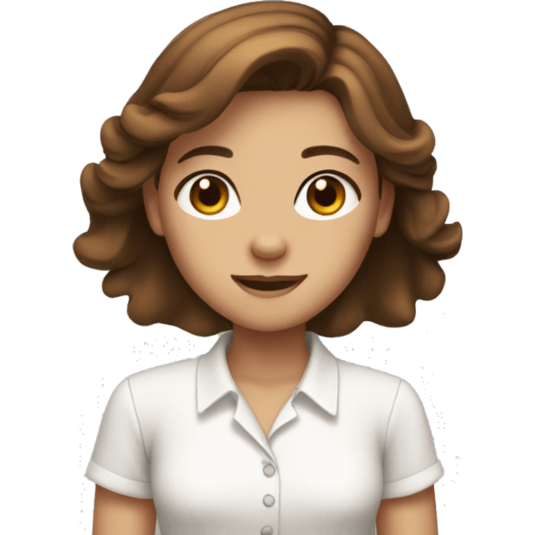 A brown hair girl with brown eyes waving with a white shirt emoji