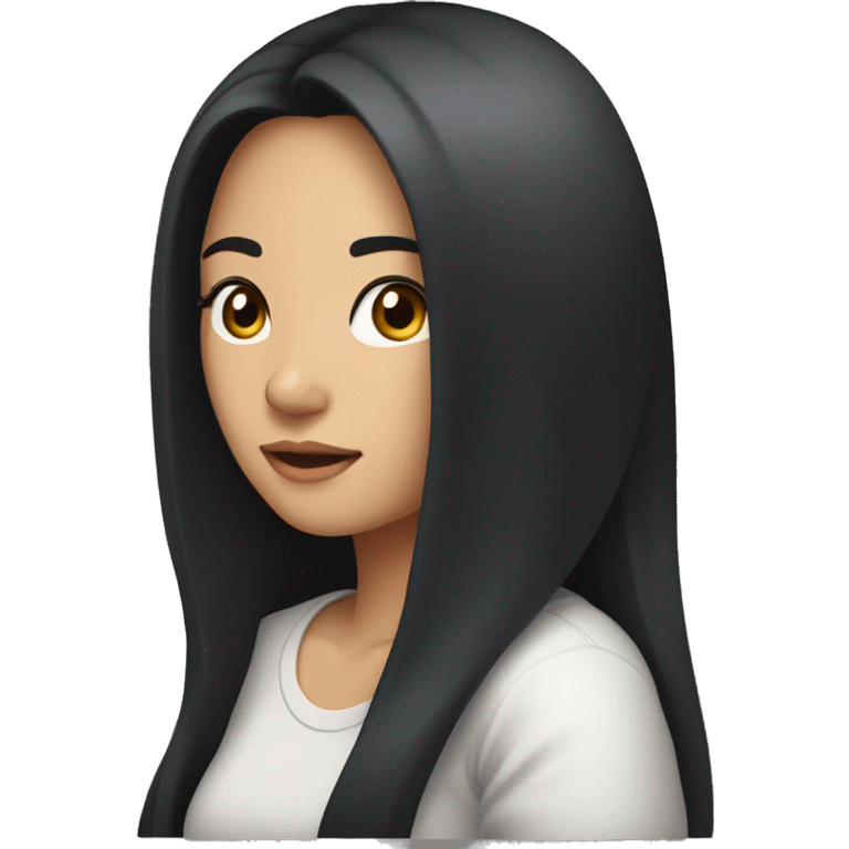 A head and shoulders shot of a 31 year old Asian woman, with long black hair,   with brown eyes wearing a t-shirt. emoji