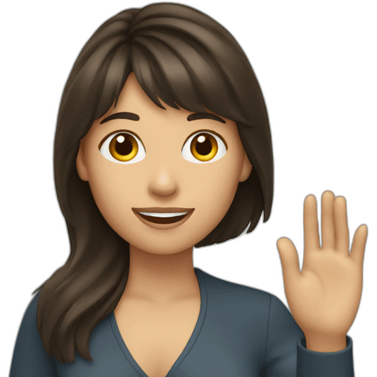 brunette woman with bangs waving emoji