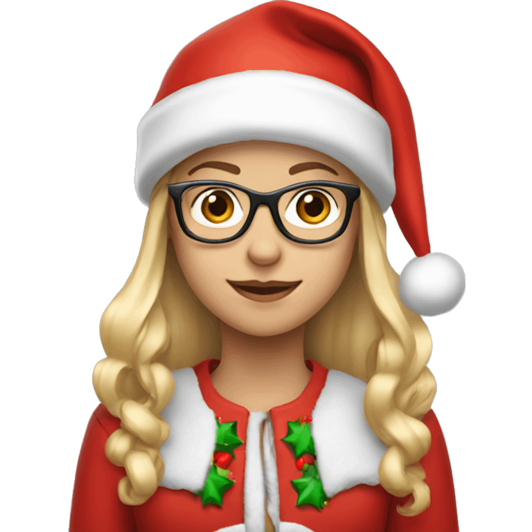 girl wearing Christmas clothes, with long blonde hair, glasses and red santa hat  emoji