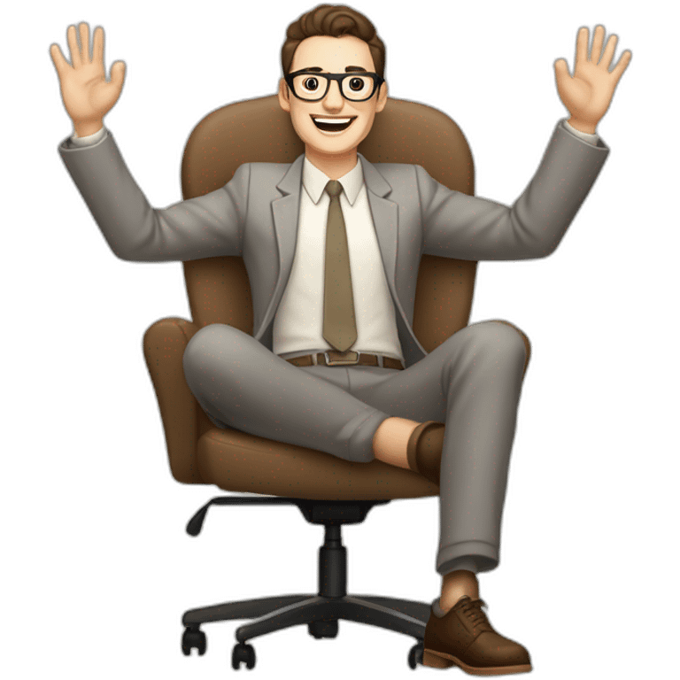 Joyful Celebrating victory Hands up Pale skinned Fit Man With dark brown hair in gray jacket, beige office shirt, Brown pants and vintage glasses sitting In a soft chair emoji