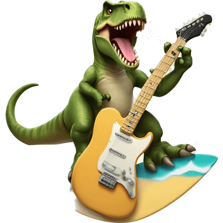 T rex on a surfboard playing a guitar  emoji