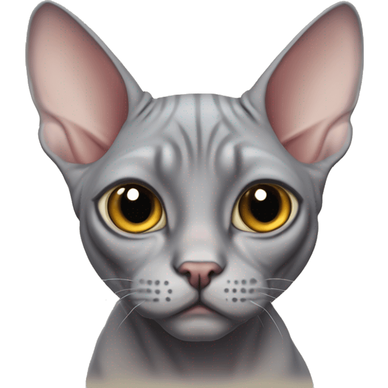 A very chubby, one-eyed gray sphynx cat emoji