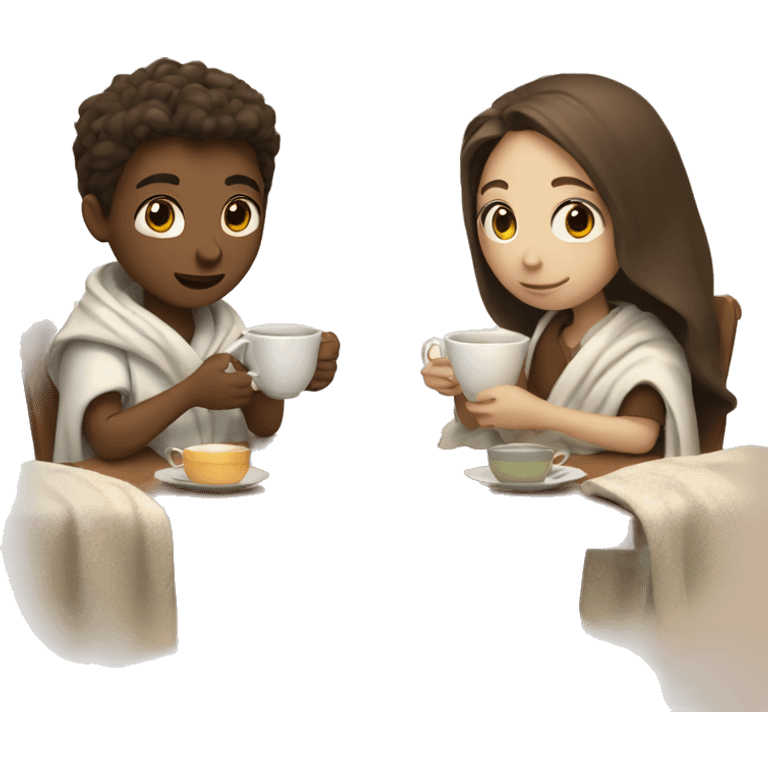 a boy and a girl with brown hair and white skin covered in a blanket are drinking tea emoji