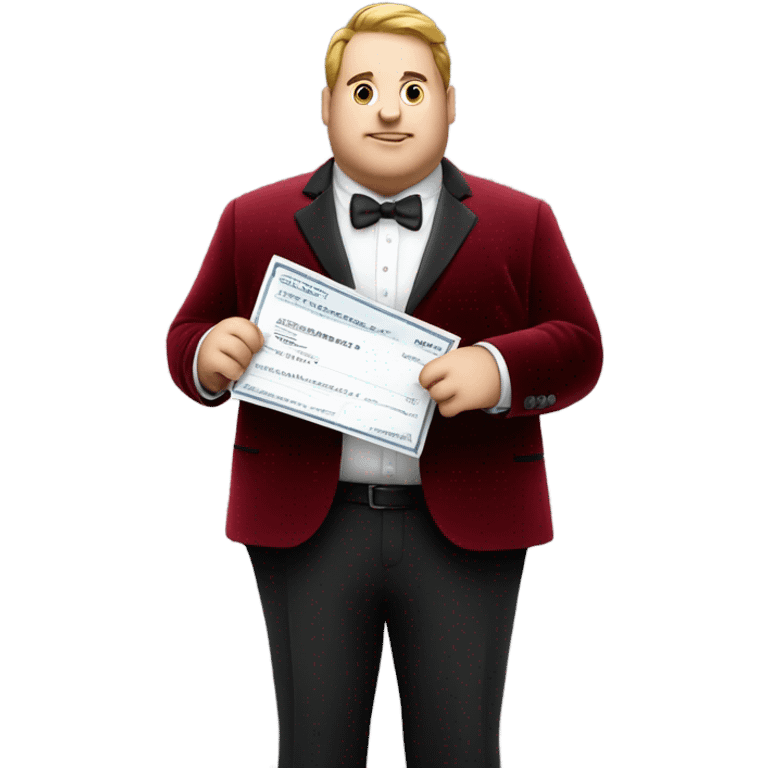 fat guy in dark red velvet suit holding cheque emoji