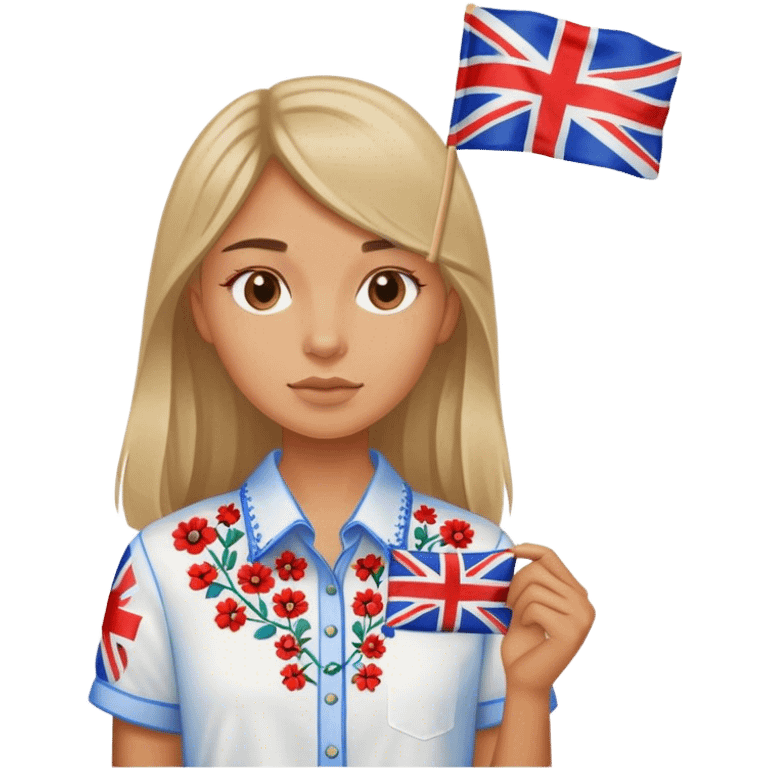 A Ukrainian girl wearing an embroidered shirt and a British flag emoji