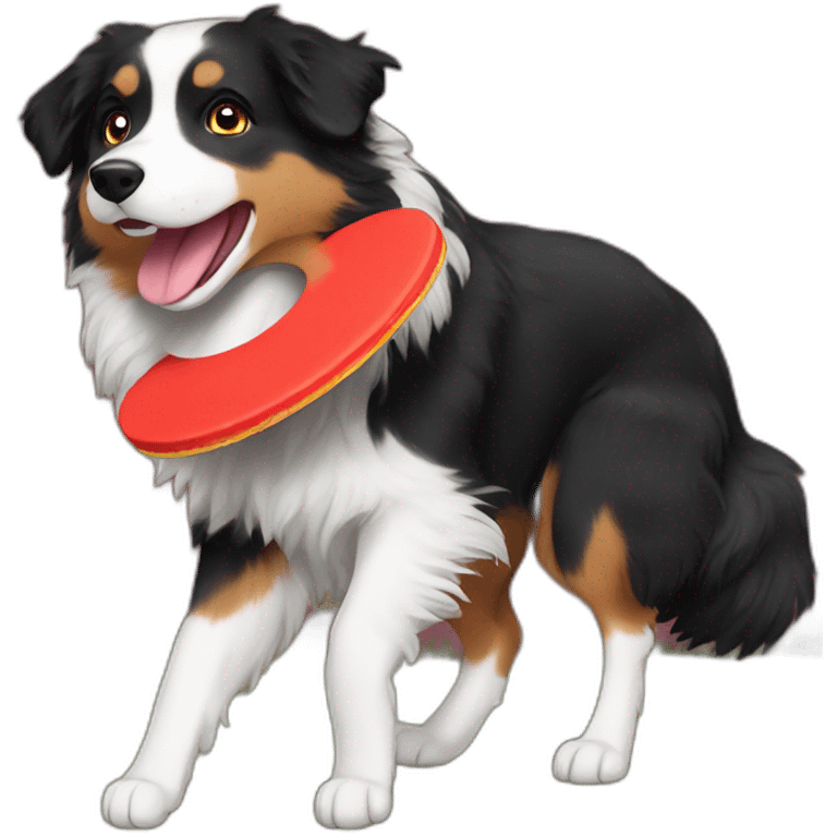 Black Tri Australian Shepherd catching a red Frisbee emoji