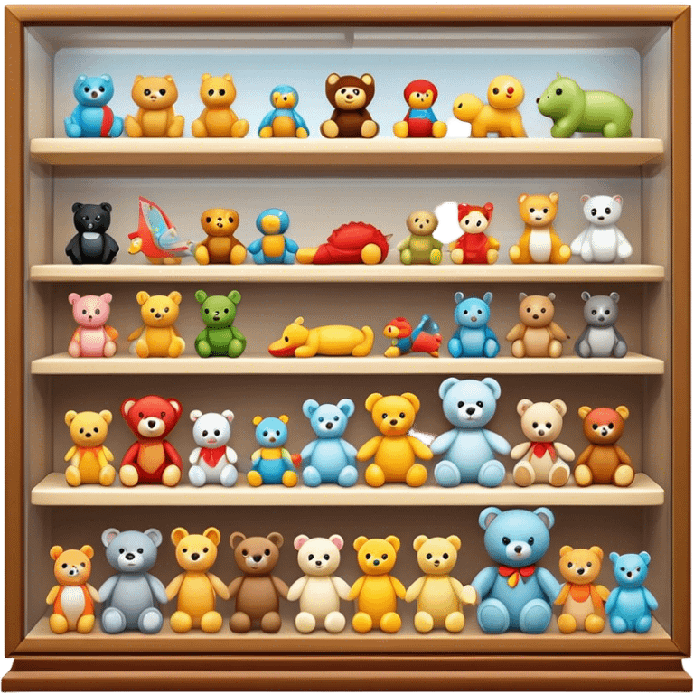 Icon for Toy Collecting: a collection of various vintage toys such as dolls, action figures, and plush animals, displayed neatly on shelves or in display cases. The icon should evoke the joy and nostalgia of collecting toys. Transparent background. emoji