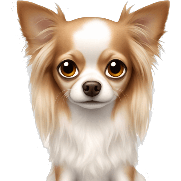 Long-haired white Chihuahua with reddish brown markings wearing pajamas emoji