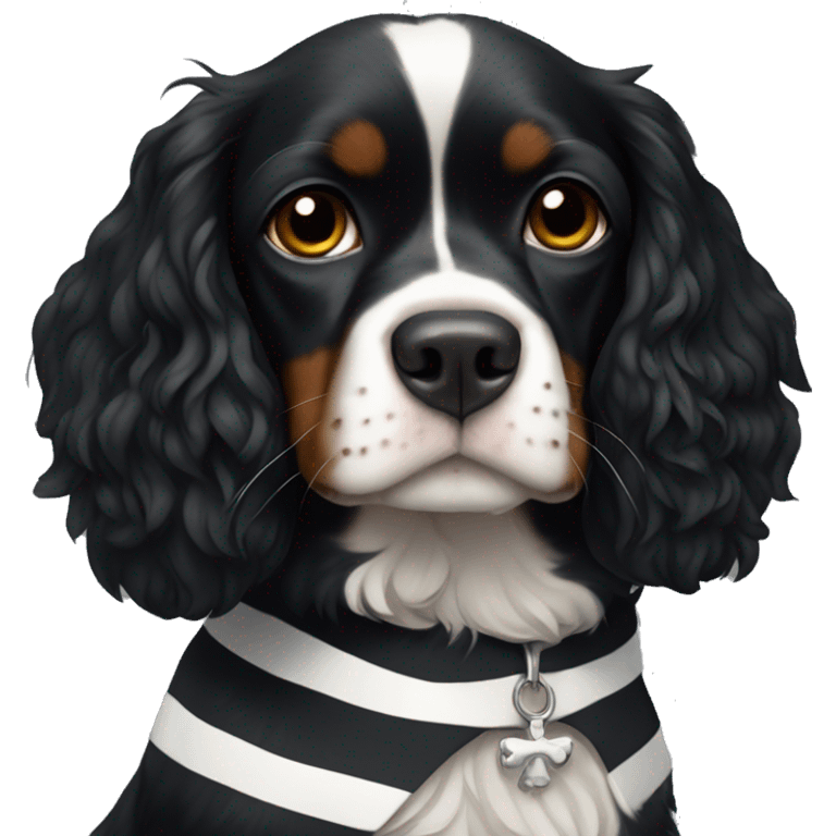 Small completely black king spaniel with black fur on his whole face and white stripe on chest emoji