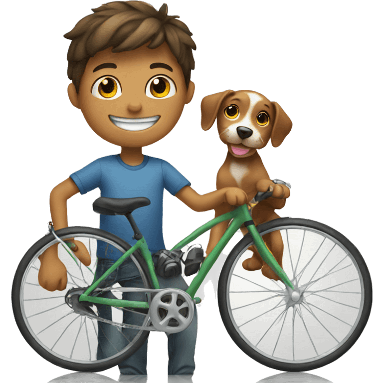 boy with bicycle and smile holding dog emoji