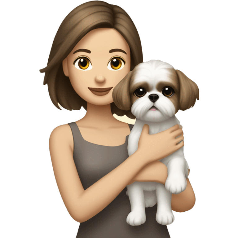 Young brunette hair woman with a cream shih tzu in her arms short hair emoji