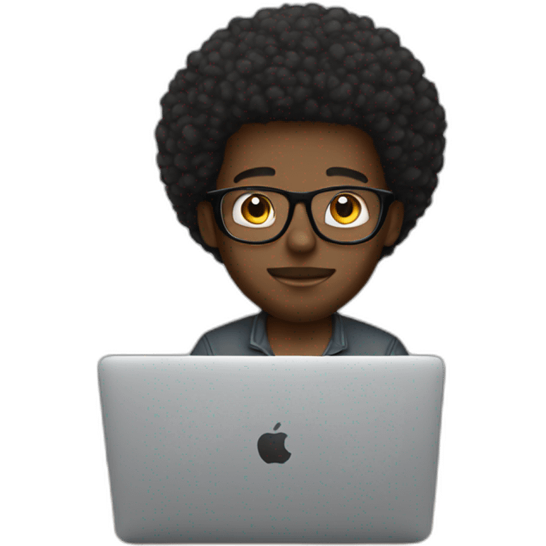 cute black man with short beard, afro, glasses, using macbook emoji