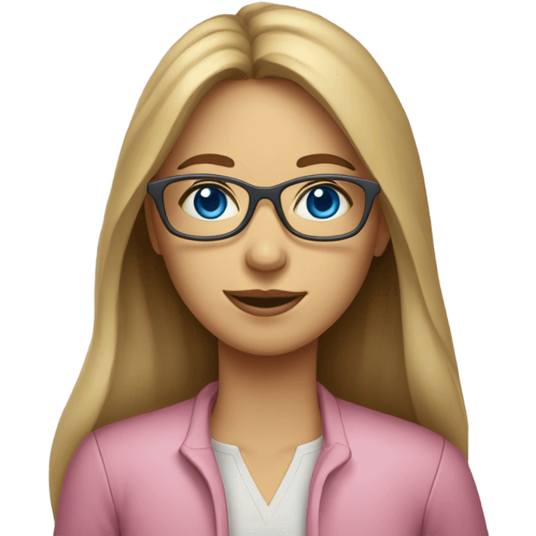 teacher, woman, light brown long hair, blue eyes wearing light pink glasses and wearing a lemon to emoji