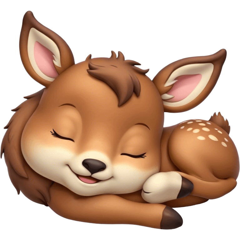 Meme-Worthy Cute Sleeping Deer Portrait Emoji, Head resting peacefully with a contented smile, showcasing a delicate, slender build and a luxuriously soft Fur, eyes shut in a serene, restful nap, Simplified yet hilariously adorable features, highly detailed, glowing with a soft, drowsy light, high shine, relaxed and utterly lovable, stylized with an air of playful laziness, bright and heartwarming, soft glowing outline, capturing the essence of a comically sleepy deer, so meme-worthy it feels like it could instantly become the next viral sensation of adorable woodland slumber! emoji