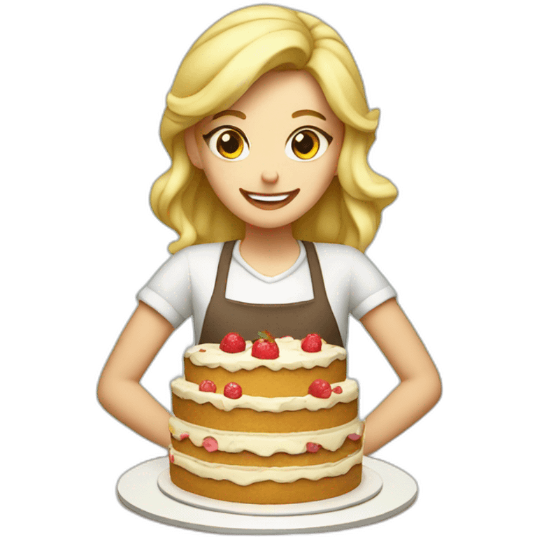 Blond girl in apron makes layered cake emoji