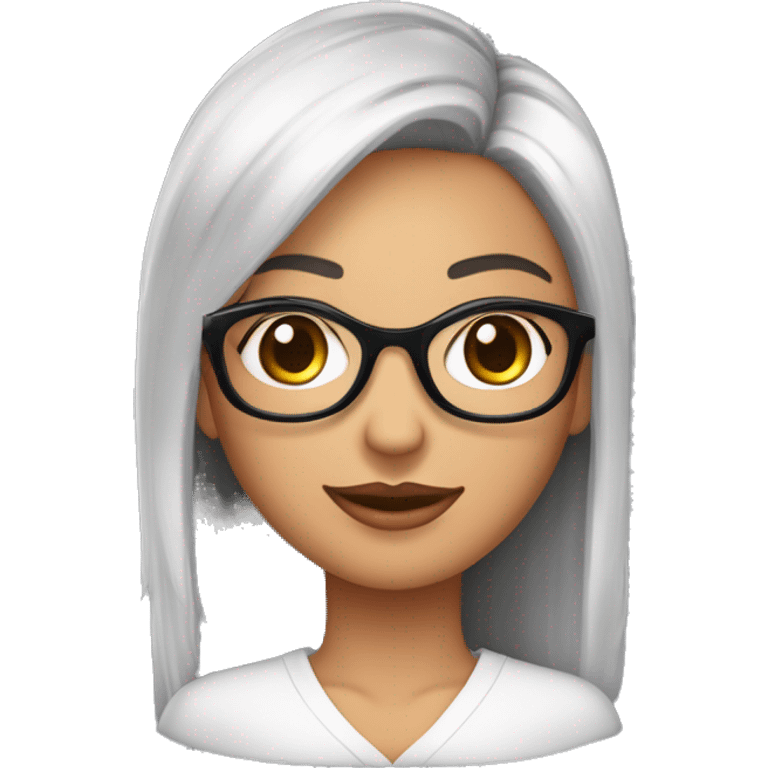 Mulher de pele parda com cabelo médio, preto, sobrancelhas grossas, olhos brilhantes, óculos, boca rosada, olhos castanhos, duas covinhas, blusa de gola alta preta   emoji