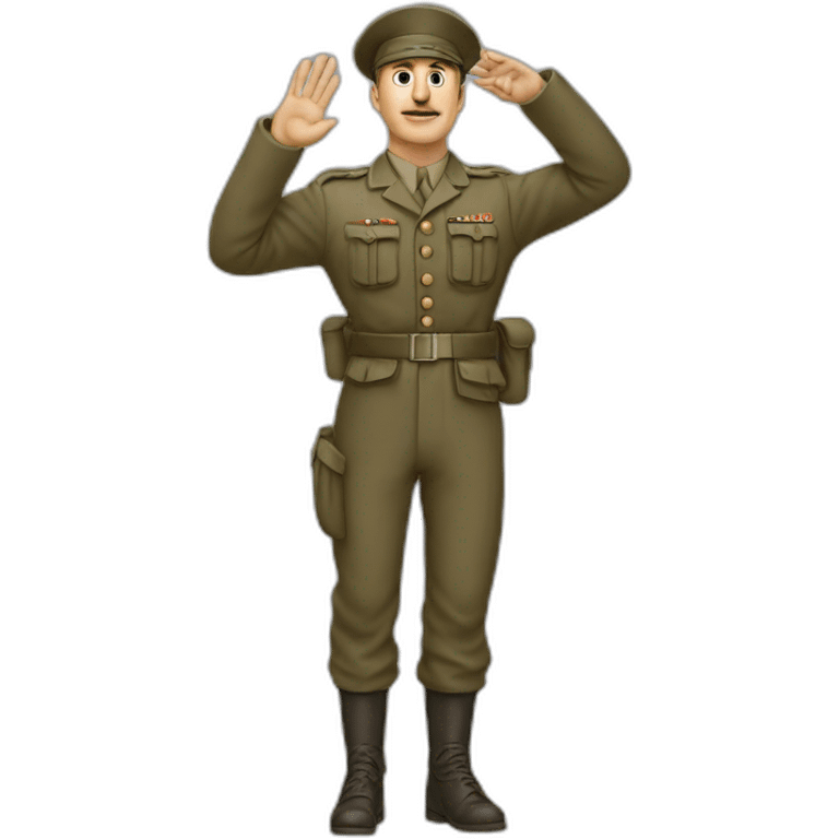 A man in a soldier suit from world war one raising their right hand vertically to around 45 degrees. His arm is stretched out, not bent at all. and his face is shown emoji