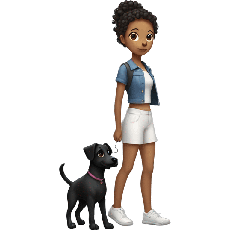 Girl with curly ponytail walk with a black dog with white Chest emoji