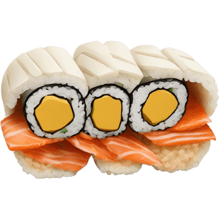 sushi with calamar head inside and burger smashed also inside and also chicken legs also inside  emoji