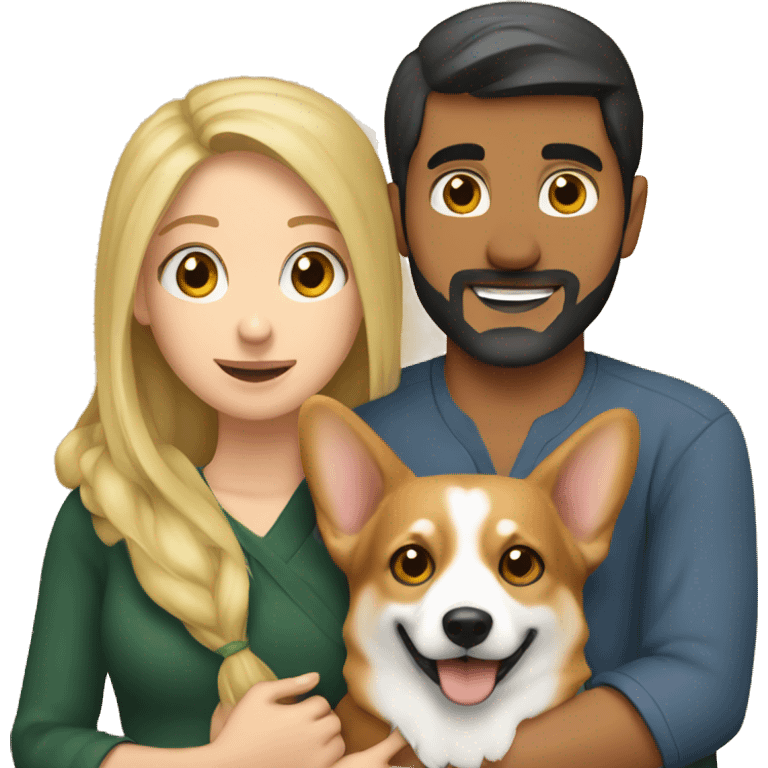 blonde girl with arab guy holding a corgi in their arms emoji